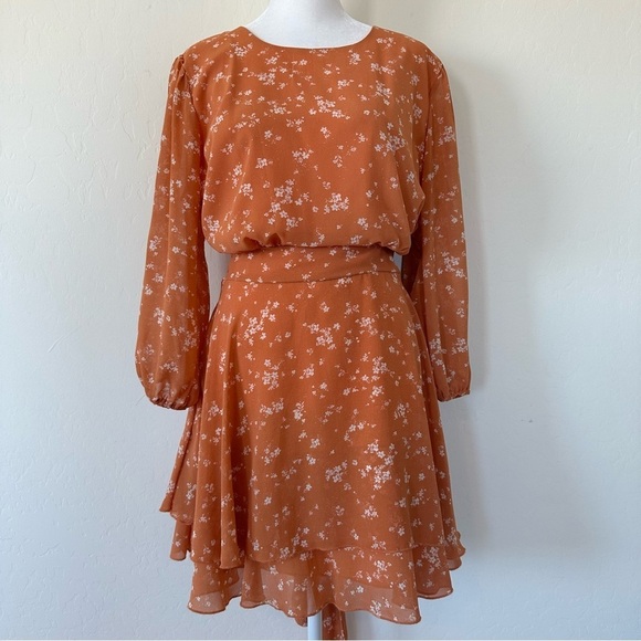 Ever After Orange Floral Long Sleeve Tiered Mini Dress Size Large - Picture 1 of 13